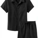Boys Short Sets Black 2 Piece Outfit Comfortable Fabric-0